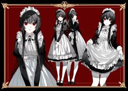 Rule 34 | 1girl, apron, black border, black dress, black footwear, black hair, border, bow, bowtie, clothes lift, commentary, dress, dress lift, expressionless, framed, frilled dress, frills, juliet sleeves, long hair, long sleeves, looking at viewer, maid, maid apron, maid headdress, mary janes, multiple views, naru (ul), original, pale skin, pantyhose, parted lips, puffy sleeves, red eyes, shoes, standing, v arms, very long hair, white neckwear, white pantyhose, wing collar