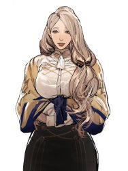 Rule 34 | 1girl, ascot, black bow, black skirt, blue eyes, bow, breasts, brown hair, brown sweater, cbb (tuucoo), fire emblem, fire emblem: three houses, hair behind ear, hair bow, highres, large breasts, long hair, looking at viewer, mercedes von martritz, nintendo, parted lips, shirt, simple background, skirt, smile, solo, sweater, very long hair, white ascot, white background, white shirt
