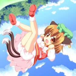 Rule 34 | 1girl, animal ears, bare legs, bloomers, blue sky, blush, bow, brown eyes, brown hair, cat ears, cat girl, cat tail, chen, cloud, day, earrings, fang, female focus, flying, hat, jewelry, long sleeves, looking at viewer, multiple tails, nekomata, open mouth, paw pose, pila-pela, red footwear, shirt, shoes, short hair, single earring, skirt, skirt set, sky, solo, tail, touhou, underwear, upskirt, vest