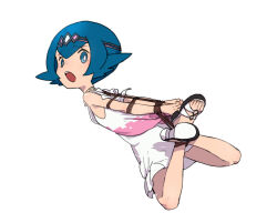Rule 34 | 1girl, absurdres, blue eyes, blue hair, blush, bound, bound arms, bound legs, bound wrists, bright pupils, creatures (company), dress, game freak, highres, kumo no ito, lana (pokemon), lana (sygna suit) (pokemon), looking at viewer, looking back, nintendo, open mouth, pokemon, pokemon masters ex, rope, sandals, short hair, solo, tiara, white background, white pupils