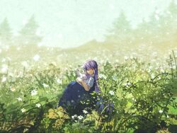Rule 34 | 1girl, animal, blue dress, closed mouth, commentary, day, dress, flower, ge dazuo, heterochromia, highres, holding, holding animal, knees up, long hair, looking at viewer, meadow, on ground, original, outdoors, plant, purple eyes, purple hair, short sleeves, sitting, smile, solo, symbol-only commentary, white flower, white rabbit (animal), wide shot