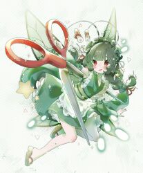 Rule 34 | 1girl, antennae, apron, armpits, bare legs, blunt bangs, breasts, chain, chikuwa, detached sleeves, dotted background, food, frills, geta, green hair, green theme, hair ornament, hair ribbon, highres, insect wings, japanese clothes, kimono, looking at viewer, maid apron, maid headdress, miniko 0325, obi, original, oversized object, petticoat, red eyes, red ribbon, ribbon, sash, scissors, small breasts, smile, sparkle, star (symbol), star hair ornament, twintails, wings