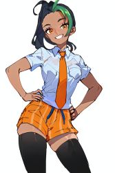 Rule 34 | 1girl, black hair, black thighhighs, breast pocket, collared shirt, commentary request, cowboy shot, creatures (company), dark-skinned female, dark skin, eyelashes, freckles, game freak, green hair, grin, hands on own hips, kiona (redz5824), looking at viewer, multicolored hair, necktie, nemona (pokemon), nintendo, orange eyes, orange necktie, orange shorts, pocket, pokemon, pokemon sv, shirt, short sleeves, shorts, skindentation, smile, solo, streaked hair, teeth, thighhighs, two-tone hair, white background