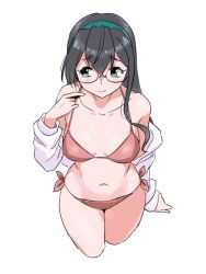 Rule 34 | 1girl, bikini, black hair, breasts, collarbone, cropped legs, green eyes, green hairband, hairband, jacket, kantai collection, long hair, looking to the side, ooyodo (kancolle), red bikini, side-tie bikini bottom, simple background, small breasts, solo, standing, swimsuit, tamu (mad works), white background, white jacket