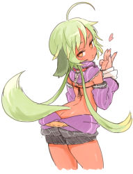 Rule 34 | 1girl, ahoge, animal ears, arched back, ass, bad id, bad tumblr id, bright pupils, brown eyes, butt crack, cropped legs, dark-skinned female, dark skin, detached sleeves, dog ears, dog girl, dog tail, done (donezumi), fingernails, from behind, green hair, heart, large tail, long fingernails, long hair, looking back, low twintails, nail polish, original, puckered lips, short shorts, shorts, sketch, solo, tail, titi-chan (nezumi inu), twintails