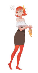 Rule 34 | 1girl, ?, absurdres, bag, bare arms, bare shoulders, black skirt, breasts, chinese commentary, collarbone, commentary, curly hair, detached sleeves, flats, frilled shirt, frilled sleeves, frills, from side, full body, gem, glasses, hairband, high-waist skirt, highres, holding, holding shoes, jewelry, limited palette, looking to the side, medium breasts, medium hair, miniskirt, necklace, off-shoulder shirt, off shoulder, orange eyes, orange hair, orange pantyhose, orange theme, original, pantyhose, pearl (gemstone), pearl necklace, pencil skirt, peter pan (adtc7243), puffy short sleeves, puffy sleeves, round eyewear, shirt, shoes, unworn shoes, short sleeves, skirt, smile, solo, speech bubble, spoken object, walking, white background, white shirt, yellow footwear, yellow hairband