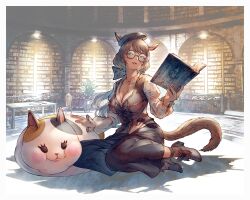 Rule 34 | animal ears, book, breasts, brown hair, cat ears, cat tail, cleavage, facial mark, fat cat (ff14), final fantasy, final fantasy xiv, glasses, green eyes, hat, highres, holding, holding book, large breasts, library, long hair, looking at viewer, miqo&#039;te, open book, ponytail, round eyewear, shukei, tail, warrior of light (ff14), whisker markings