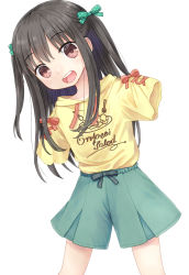 Rule 34 | 1girl, :d, amputee, black hair, bow, child, double amputee, female focus, green shorts, hair bow, highres, leaning to the side, open mouth, original, shirt, shorts, simple background, smile, solo, teeth, two side up, upper teeth only, white background, yellow shirt, yuyuzuki (yume usagi)