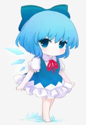 Rule 34 | 1girl, barefoot, blue bow, blue dress, blue eyes, blue hair, blush, bow, bowtie, cirno, closed mouth, collared shirt, dress, frills, full body, grey background, hair between eyes, ice, ice wings, looking to the side, pinafore dress, puffy short sleeves, puffy sleeves, red bow, red bowtie, rei (tonbo0430), shirt, short hair, short sleeves, simple background, sleeveless dress, smile, solo, sparkle, standing, touhou, white shirt, wings