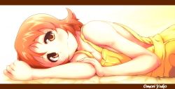 Rule 34 | 10s, 1girl, :3, blush, brown eyes, character name, gorogorodon, happinesscharge precure!, highres, letterboxed, looking at viewer, lying, naked overalls, on side, oomori yuuko, orange hair, overalls, precure, short hair, solo