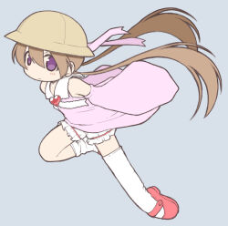 Rule 34 | 1girl, bloomers, brooch, brown hair, closed mouth, collared dress, commentary request, detached sleeves, dress, floating hair, foot up, from side, full body, grey background, hat, hat ribbon, heart, heart brooch, jewelry, light blush, long hair, looking at viewer, looking to the side, loose thighhigh, mary janes, neck ribbon, no pupils, pink dress, pink ribbon, pink sleeves, plantar flexion, purple eyes, red footwear, ribbon, school hat, shoes, simple background, sleeveless, sleeveless dress, solo, thighhighs, tsukuyomi ai, underwear, very long hair, voiceroid, white bloomers, white ribbon, white thighhighs, wide sleeves, yunji