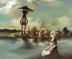 Rule 34 | 1girl, 1other, apron, black dress, blush, brown eyes, building, church, cloud, commentary request, creature, dress, fantasy, giant, grey hair, himao, maid, original, outdoors, river, scenery, short hair, sky, smile, village, water