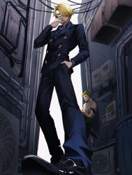 Rule 34 | 2boys, black pants, facial hair, foreshortening, from below, goatee, hair over one eye, hand in pocket, highres, leaning back, looking at viewer, male focus, multiple boys, one piece, pants, perspective, roronoa zoro, sanji (one piece), shoes, short hair, smoking, sorase (srsrs 000), toned, toned male