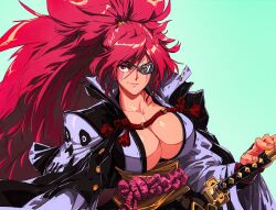 Rule 34 | 1girl, angryangryd, arc system works, baiken, black gloves, black kimono, blue background, breasts, cleavage, collarbone, commentary, english commentary, eyepatch, facial tattoo, fingerless gloves, gloves, gradient background, guilty gear, guilty gear strive, high collar, high ponytail, highres, holding, holding sword, holding weapon, jacket, jacket on shoulders, japanese clothes, katana, kimono, large breasts, long hair, long sleeves, looking at viewer, messy hair, multicolored clothes, multicolored kimono, open clothes, open kimono, parted bangs, pink hair, ponytail, red eyes, sash, scar, scar across eye, sheath, sheathed, shiny skin, simple background, skull print, smile, smirk, solo, standing, sword, tattoo, upper body, v-shaped eyebrows, very long hair, weapon