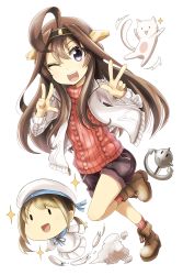 Rule 34 | 10s, 2girls, :d, ahoge, alternate costume, anchor, batsubyou, blonde hair, brown footwear, brown hair, casual, cat, coat, double v, error musume, girl holding a cat (kancolle), grey eyes, hairband, hat, highres, kantai collection, kneehighs, kongou (kancolle), long hair, long sleeves, looking at viewer, multiple girls, neckerchief, one eye closed, open mouth, pleated skirt, ribbed sweater, sailor collar, sailor hat, school uniform, serafuku, shoes, shorts, simple background, skirt, smile, socks, standing, standing on one leg, sweater, tanashi (mk2), v, white background, white skirt, winter clothes, winter coat