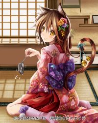 Rule 34 | 1girl, animal ears, bell, blush, bow, brown eyes, brown hair, cat ears, cat tail, character request, flower, hair flower, hair ornament, holding, i-la, japanese clothes, long hair, mouse (animal), sitting, smile, solo, souken no cross age, tail, tail bell, tail ornament, tatami, wariza