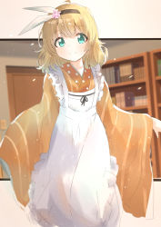Rule 34 | absurdres, ama usa an uniform, apron, blonde hair, frilled apron, frills, gochuumon wa usagi desu ka?, green eyes, hair ornament, hairband, highres, indoors, japanese clothes, kimono, kirima syaro, looking at viewer, maid apron, outstretched arms, smile, spread arms, standing, striped