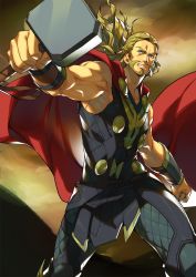 Rule 34 | 1boy, animification, bad id, bad twitter id, beard, blonde hair, blue eyes, bracer, cape, clenched hands, closed mouth, commentary request, facial hair, fingernails, hammer, highres, holding, holding weapon, kotatsu (g-rough), long hair, male focus, marvel, mjolnir (marvel), muscular, pants, red cape, smile, solo, standing, thor (marvel), weapon