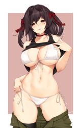 Rule 34 | 1girl, bikini, black hair, black tank top, black thighhighs, breasts, choker, cleavage, clothes lift, clothes pull, collarbone, commentary, commission, cowboy shot, eyewear on head, green skirt, groin, hair ribbon, head tilt, highres, holding, large breasts, long hair, looking at viewer, navel, original, outside border, parted lips, red choker, red ribbon, ribbon, shirt lift, side-tie bikini bottom, sidelocks, signature, skindentation, skirt, skirt pull, solo, stomach, sunglasses, swimsuit, tank top, thighhighs, tony guisado, two side up, underboob, untied bikini, white bikini