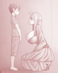 Rule 34 | 1boy, 1girl, age difference, ahoge, barefoot, blush, breasts, child, dress, ekz (robotekz), elf, height difference, highres, huge breasts, motion lines, onee-shota, pointy ears, shorts, sidelocks, smile, squatting