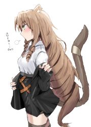 Rule 34 | 1girl, animal ears, arknights, black jacket, black skirt, black thighhighs, blush, character name, cleavage cutout, clothing cutout, cowboy shot, drill hair, from side, green eyes, highres, horn/wood, jacket, long hair, off shoulder, quad drills, shirt, simple background, skirt, solo, swire (arknights), tail, tail ornament, tail ring, thighhighs, tiger ears, tiger girl, tiger tail, very long hair, white background, white shirt