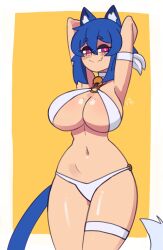 Rule 34 | 1girl, animal ear fluff, animal ears, arms behind head, arms up, bell, bikini, blue hair, breasts, cat ears, cat girl, cat tail, choker, cleavage, closed mouth, collarbone, cowboy shot, doce, fang, female focus, freckles, freckles on breasts, half-closed eyes, highres, jingle bell, looking to the side, navel, o-ring, o-ring bikini, original, pink eyes, short hair, skin fang, smile, solo, swimsuit, tail, thigh strap, white bikini, xiao (docecaedrus), yellow background