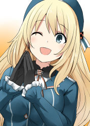 Rule 34 | 1girl, atago (kancolle), beret, black gloves, blonde hair, blue eyes, blue hat, buttons, gloves, gradient background, hat, highres, kamelie, kantai collection, long hair, long sleeves, military, military uniform, one eye closed, open mouth, smile, solo, uniform