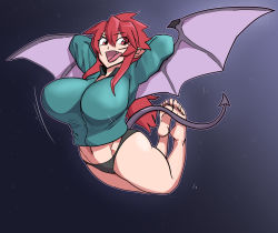 Rule 34 | 1girl, arms up, ass, bare legs, barefoot, bouncing breasts, breasts, buruma, demon girl, demon wings, fang, flying, full body, gradient background, hotsaurus, huge ass, itadaki! seieki, large breasts, licking lips, long hair, looking at viewer, naughty face, navel, pointy ears, red eyes, red hair, seductive smile, setogaya mari, smile, solo, toes, tongue, tongue out, very long hair, wide hips, wings