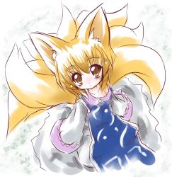Rule 34 | 1girl, animal ear fluff, animal ears, blush, child, female focus, fox ears, fox tail, multiple tails, solo, standing, tail, touhou, white background, yakumo ran