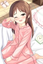 Rule 34 | 1girl, absurdres, alarm clock, barefoot, bed, bed sheet, blurry, blurry background, blush, breast pocket, brown eyes, brown hair, buttons, choudai-sama, clock, collarbone, commentary request, frilled pillow, frills, hand up, highres, idolmaster, idolmaster cinderella girls, idolmaster cinderella girls u149, long hair, looking at viewer, messy hair, morning, one eye closed, open mouth, pajamas, pillow, pink pajamas, pink pillow, pocket, sidelocks, sitting, slippers, smile, solo, tachibana arisu, waking up, wariza, wooden floor