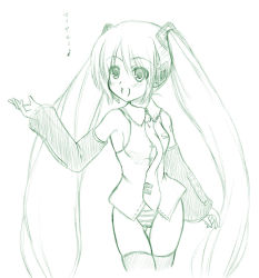 Rule 34 | 1girl, cameltoe, green theme, hatsune miku, johnny (from scratch), long hair, monochrome, music, musical note, no pants, open mouth, panties, quaver, singing, solo, striped clothes, striped panties, thigh gap, thighhighs, twintails, underwear, very long hair, vocaloid