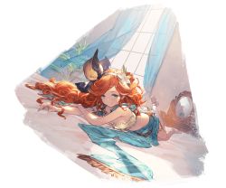Rule 34 | 1girl, bikini, blue eyes, bow, flower, front-tie bikini top, front-tie top, granblue fantasy, hair flower, hair ornament, hairband, long hair, looking at viewer, lying, official art, orange hair, sara (granblue fantasy), sarong, simple background, smile, swimsuit, transparent background
