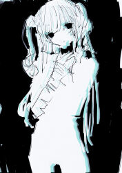 Rule 34 | 1girl, absurdres, black background, closed mouth, cowboy shot, empty eyes, expressionless, hand up, highres, long hair, looking at viewer, monochrome, noroi (rnatataki), original, simple background, solo, standing, twintails
