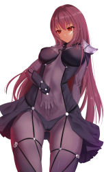 Rule 34 | 1girl, absurdres, armor, blbc2, bodysuit, bodysuit under clothes, breasts, cameltoe, cowboy shot, fate/grand order, fate (series), highres, large breasts, long hair, pauldrons, purple hair, red eyes, scathach (fate), scathach (fate), shoulder armor, skindentation, smile, solo, standing, wide hips