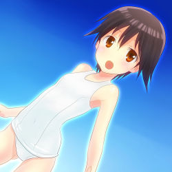 Rule 34 | 1girl, brown hair, dutch angle, highres, koumo, miyafuji yoshika, one-piece swimsuit, red eyes, school swimsuit, short hair, solo, strike witches, swimsuit, white school swimsuit, white one-piece swimsuit, world witches series