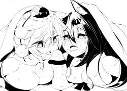 Rule 34 | 1boy, 2girls, absurdres, animal ears, bar censor, bare shoulders, blanket, blush, breasts, censored, cleavage, cooperative fellatio, erection, fang, fellatio, greyscale, hair between eyes, hat, heart, heart-shaped pupils, hetero, highres, hira (nanika no heya), imaizumi kagerou, inubashiri momiji, large breasts, long hair, monochrome, multiple girls, nose blush, open mouth, oral, penis, pom pom (clothes), saliva, saliva trail, short hair, simple background, sweat, symbol-shaped pupils, tokin hat, tongue, tongue out, touhou, white background, wolf ears