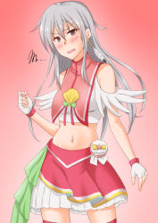 Rule 34 | 1girl, anti (untea9), breasts, brown eyes, cosplay, cure flamingo, cure flamingo (cosplay), facial scar, feathers, fingerless gloves, gangut (kancolle), gloves, gradient background, grey hair, highres, kantai collection, long hair, looking at viewer, magical girl, medium breasts, midriff, navel, precure, red background, red thighhighs, scar, scar on cheek, scar on face, seto asami, skirt, solo, squiggle, standing, thighhighs, tropical-rouge! precure, turtleneck, voice actor connection, white gloves, white skirt