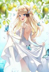 Rule 34 | 1girl, :d, absurdres, alternate costume, backless dress, backless outfit, bare shoulders, black bow, blonde hair, blush, bow, breasts, bug, butterfly, cowboy shot, dress, food, fruit, hair bow, highres, insect, long hair, looking at viewer, medium breasts, open mouth, princess connect!, saren (princess connect!), sira (user dswn7488), skirt hold, smile, solo, standing, strapless, strapless dress, white dress, wing hair ornament