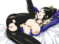 Rule 34 | 1girl, arms up, ass, bed, black hair, breasts, breasts out, censored, enoshima iki, highres, large breasts, leg up, legs, lipstick, long hair, looking at viewer, lying, makeup, mole, naughty face, navel, nipples, no panties, on side, ponytail, pussy, shin sangoku musou, simple background, solo, thighs, tongue, tongue out, torn clothes, zhen ji