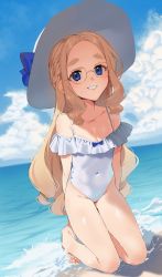 Rule 34 | 1girl, 2l (2lsize), beach, blonde hair, blue bow, blue eyes, blue sky, blush, bow, braid, breasts, cloud, commentary request, day, forehead, french braid, glasses, hat, hat bow, highres, kneeling, long hair, looking at viewer, medium breasts, ocean, one-piece swimsuit, original, outdoors, parted lips, sandals, sky, smile, solo, sun hat, swimsuit, very long hair, water, white footwear, white hat, white one-piece swimsuit