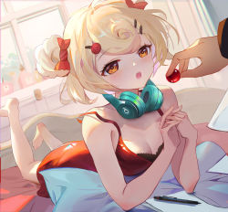 Rule 34 | 1girl, arknights, barefoot, beats by dr. dre, bed, blonde hair, bow, breasts, cleavage, commentary request, dress, gummy (arknights), hair between eyes, hair bow, hair ornament, hairclip, headphones, headphones around neck, highres, indoors, light blush, loose clothes, lying, mechanical pencil, on stomach, open mouth, pencil, pillow, red dress, somna, sunlight, teeth, window, yellow eyes