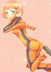 Rule 34 | 10s, 1girl, ankle, ass, bad id, bad pixiv id, blonde hair, bruce lee&#039;s jumpsuit, green eyes, hair ornament, hairclip, hand in own hair, huang baoling, jumpsuit, lolly, lori (popppp), no socks, orange jumpsuit, shoes, short hair, simple background, sneakers, solo, tiger &amp; bunny