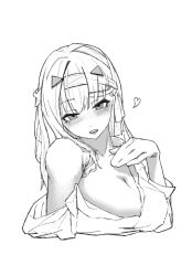 Rule 34 | 1girl, :o, bandaged head, bandages, blush, breasts, cleavage, goddess of victory: nikke, greyscale, hair ribbon, hand on own chest, heart, highres, large breasts, long hair, meyo 8, modernia (first affection) (nikke), modernia (nikke), monochrome, off-shoulder shirt, off shoulder, official alternate costume, parted lips, ribbon, shirt, sidelocks, solo