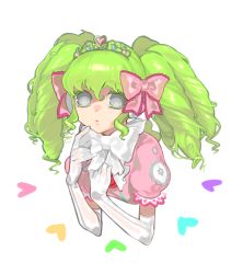 Rule 34 | 1girl, bad id, bad pixiv id, dress, drill hair, elbow gloves, empty eyes, falulu, finger to mouth, frilled ribbon, frills, gloves, green hair, grey eyes, hair between eyes, hair ribbon, hands up, heart, long hair, looking at viewer, neck ribbon, ohisashiburi, parted lips, pink dress, pink ribbon, pretty series, pripara, puffy short sleeves, puffy sleeves, ribbon, short sleeves, simple background, solo, tiara, white background, white ribbon
