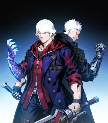 Rule 34 | 2boys, back-to-back, belt buckle, black gloves, black shirt, blouse, blue coat, blue eyes, bracelet, buckle, buttons, clenched hand, closed mouth, coat, devil may cry, devil may cry (series), devil may cry 4, devil may cry 5, fingerless gloves, gloves, glowing, gradient background, highres, holding, holding sword, holding weapon, hood, hoodie, jewelry, male focus, mechanical arms, multiple boys, muscular, shimetsukage, shirt, single mechanical arm, sleeves rolled up, smile, standing, sword, thigh strap, weapon, white hair, zipper, zipper pull tab