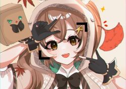 Rule 34 | 1girl, :d, autumn leaves, bow, bowtie, brown capelet, brown cloak, brown eyes, brown hair, capelet, cloak, feather hair ornament, feathers, friend (nanashi mumei), gloves, hair ornament, hairclip, hana20000920, hieroglyphics, hololive, hololive english, hood, hood up, looking at viewer, multicolored hair, nanashi mumei, one eye closed, open mouth, partially fingerless gloves, ponytail, ribbon, shirt, smile, sparkle, streaked hair, viewfinder, virtual youtuber, white shirt