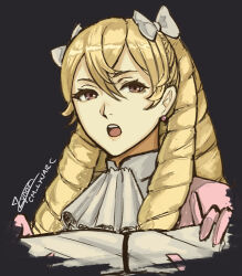 Rule 34 | 1girl, artist name, black background, blonde hair, cm lynarc, crossed arms, drill hair, earrings, fire emblem, fire emblem awakening, hair ribbon, highres, jewelry, looking at viewer, maribelle (fire emblem), neckerchief, nintendo, open mouth, ribbon, solo, upper body