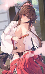 Rule 34 | 1girl, absurdres, black panties, breasts, brown hair, cherry blossoms, flower, folded fan, folding fan, hair flower, hair intakes, hair ornament, hakama, hakama skirt, hand fan, headgear, highres, himeyamato, holding, holding fan, japanese clothes, kantai collection, kimono, large breasts, long hair, miko, navel, no bra, open clothes, open kimono, panties, ponytail, red eyes, red hakama, sidelocks, sitting, skirt, solo, thighhighs, underwear, very long hair, white kimono, white thighhighs, yamato (kancolle)