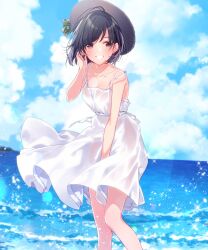 Rule 34 | 1girl, :d, ahoge, black hair, blue sky, blush, breasts, cleavage, cloud, collarbone, dot nose, dress, feet out of frame, hand in own hair, hat, highres, holding, holding clothes, holding dress, knees together feet apart, looking at viewer, medium breasts, melonbooks, ocean, open mouth, original, short hair, sky, smile, straw hat, sundress, u35, waves
