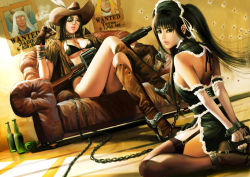 Rule 34 | 2girls, arms behind back, azazel1944, bdsm, black bra, black eyes, black hair, bondage, boots, bottle, bound, bra, breasts, brown gloves, brown legwear, chain, chained, character request, cigarette, cleavage, collar, couch, cowboy boots, cowboy hat, crossed legs, cuffs, elbow gloves, eyepatch, femdom, garter straps, gloves, gun, handgun, hat, hat feather, high heels, jacket, kneeling, large breasts, leash, lips, long hair, looking at viewer, machine gun, maid, maid headdress, medium breasts, multiple girls, open shoes, parted lips, poster, poster (object), realistic, revolver, shoes, short hair, sideboob, sitting, slave, smoking, thighhighs, twintails, underwear, wanted, wariza, weapon, white gloves, yuri